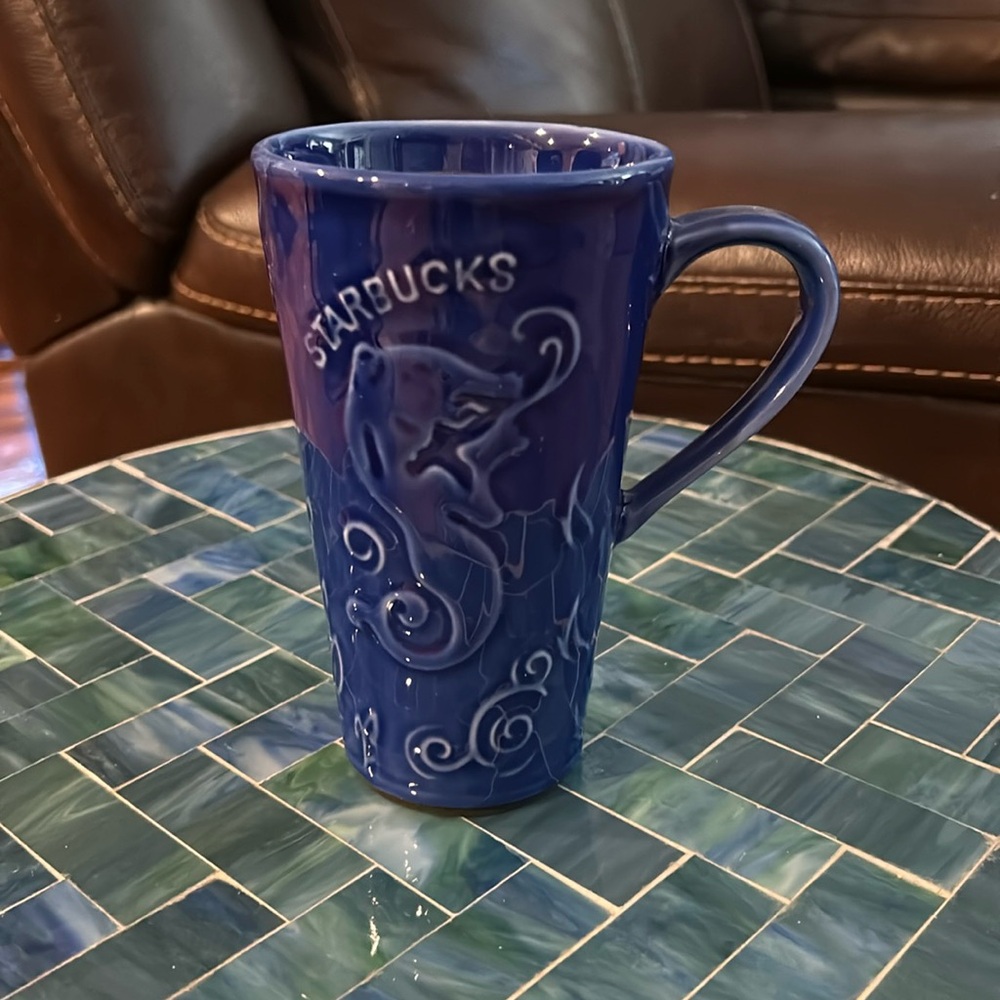 Starbucks Cobalt Blue Siren Mermaid Tall Ceramic Coffee Travel Mug Cup w/Lid